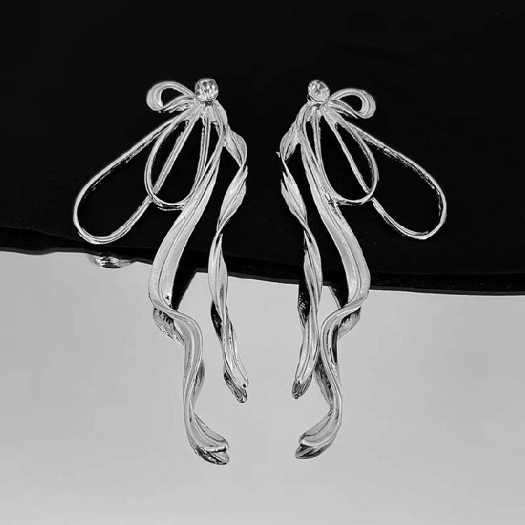 Exaggerated Irregular Metal Ribbon Bowknot Earrings for Women Girl Long Earrings
