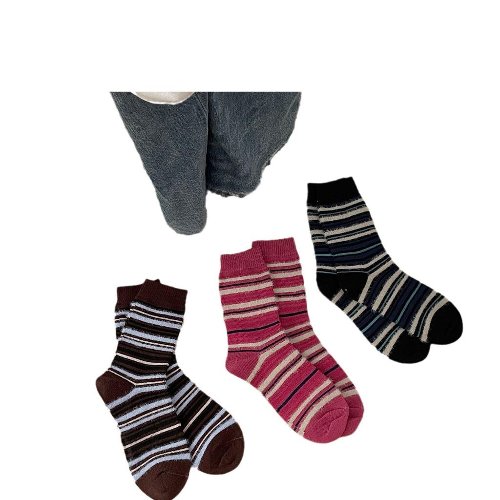 Thick Line Striped Color Blocking Contrast Imitation Mink Furry Socks Sweet Season Warm Socks