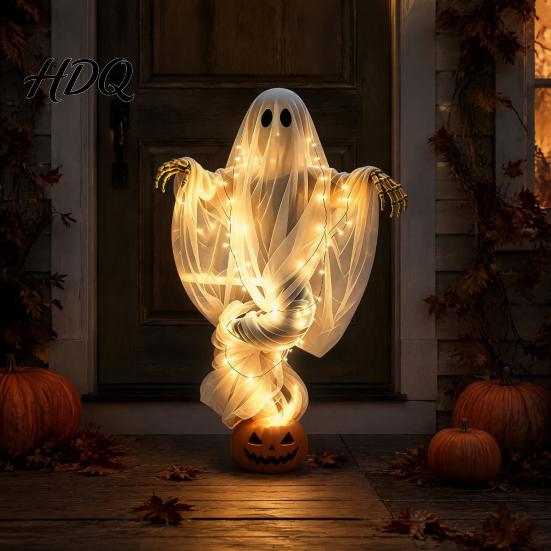Outdoor Holiday Lawn Accents Halloween Swirling Ghost Pumpkin Yard Lamp Lighted Spooky Front Porch