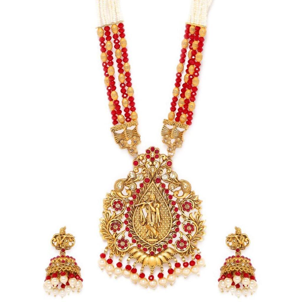 Kundan & Multi-Strand Pearl Bead Detailing-Peacock/Ganesh/Shiv-Parvati Motif Necklace Set