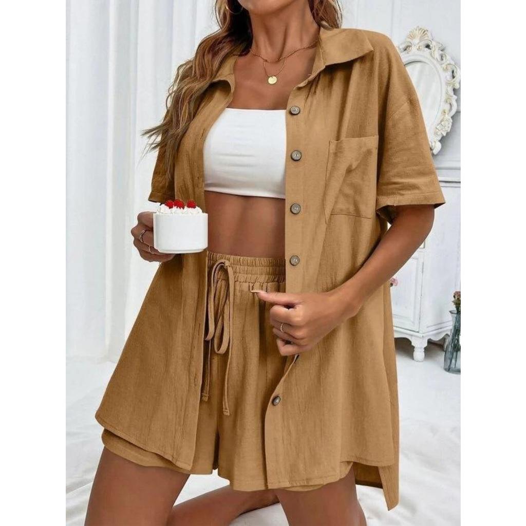Women's Loose Fit Two-piece Set Short Sleeve Shirt Elastic Waist Shorts Casual Streetwear Matching Co-ord