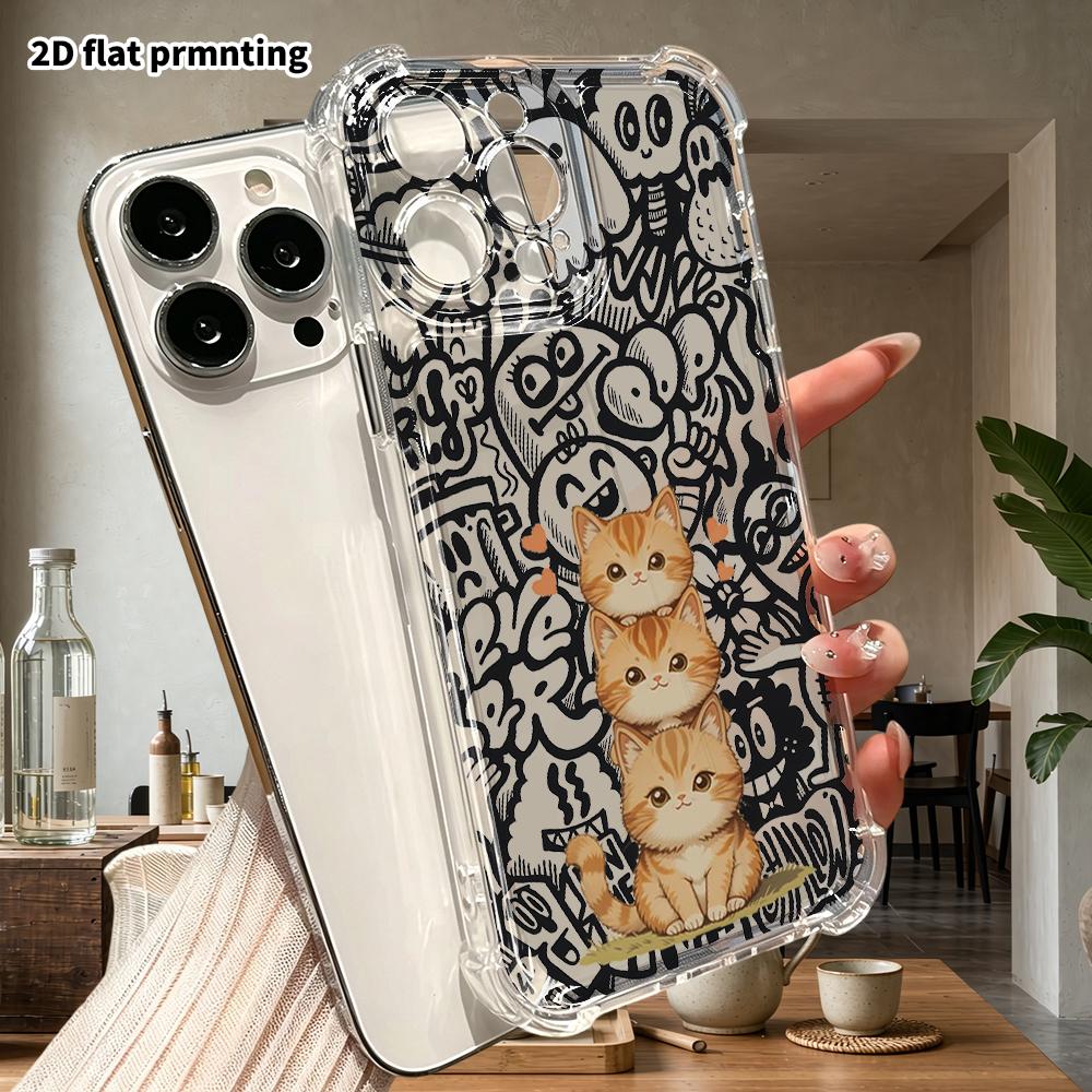 Phone Case: 2D Flat Suitable for iPhone 18 17 16 15 14 13 Pro, Transparent Four Corner Protective Case, Stacked Orange Cat, Christmas and Halloween Gi