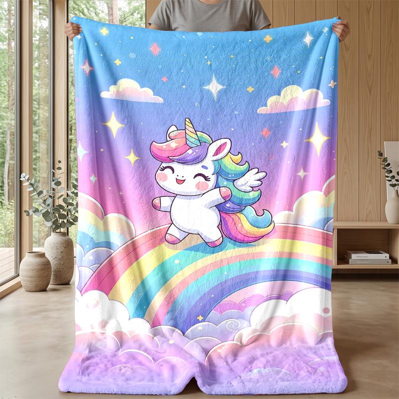 Cute Unicorn Rainbow Blanket Personalized Name Flannel Blanket Soft Cozy Plush Throw for Sofa Bed Lightweight Home Decor