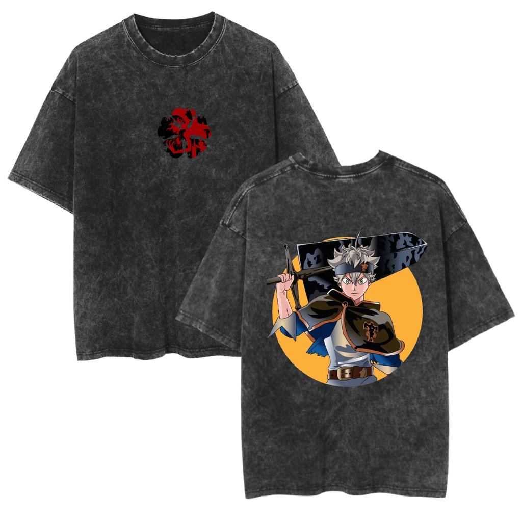 2026 Black Clover Washed Vintage Tshirt Street Hiphop Anime Casual Cotton Summer Short Sleeve