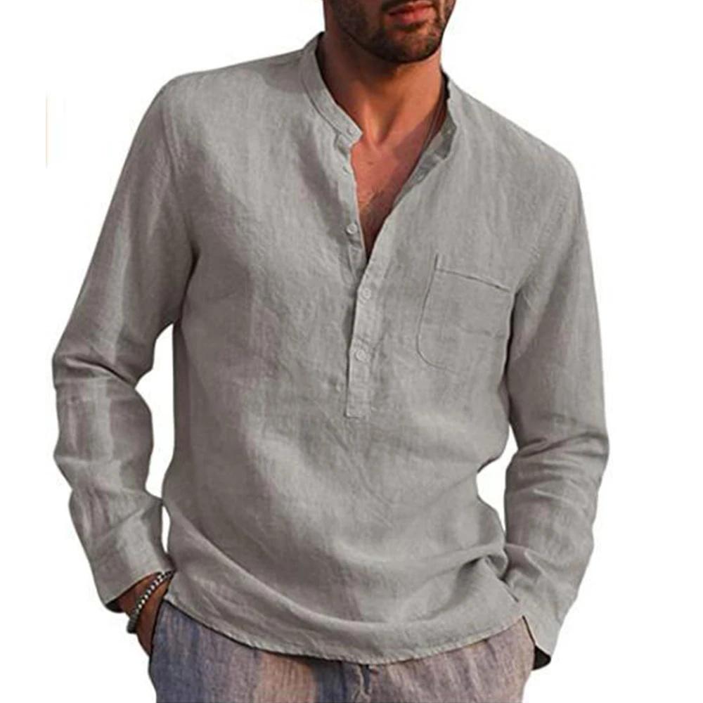 

King Billion Cotton Linen Hot Sale Men s Long-Sleeved Shirts Summer Solid Color Casual Beach Style Plus Size 5XL сірий