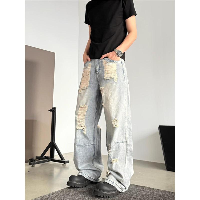 American retro street ripped jeans men's and women's loose casual and versatile design sense niche straight wide-leg pants