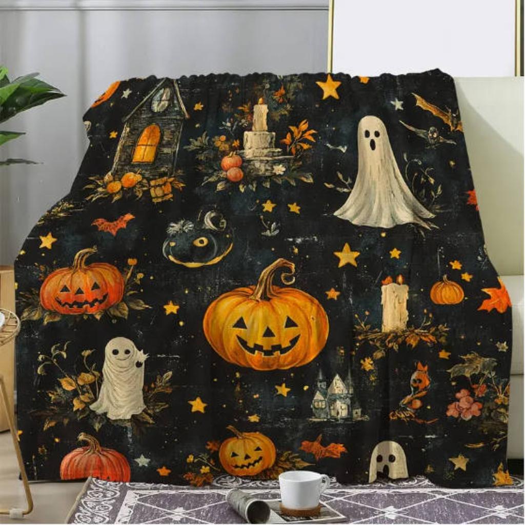 Retro Halloween Flannel Blanket - Soft And Comfortable Ghost And Pumpkin Design, Perfect for Sofa, Bed, Workplace, Travel, Holiday Gift - Suitable for