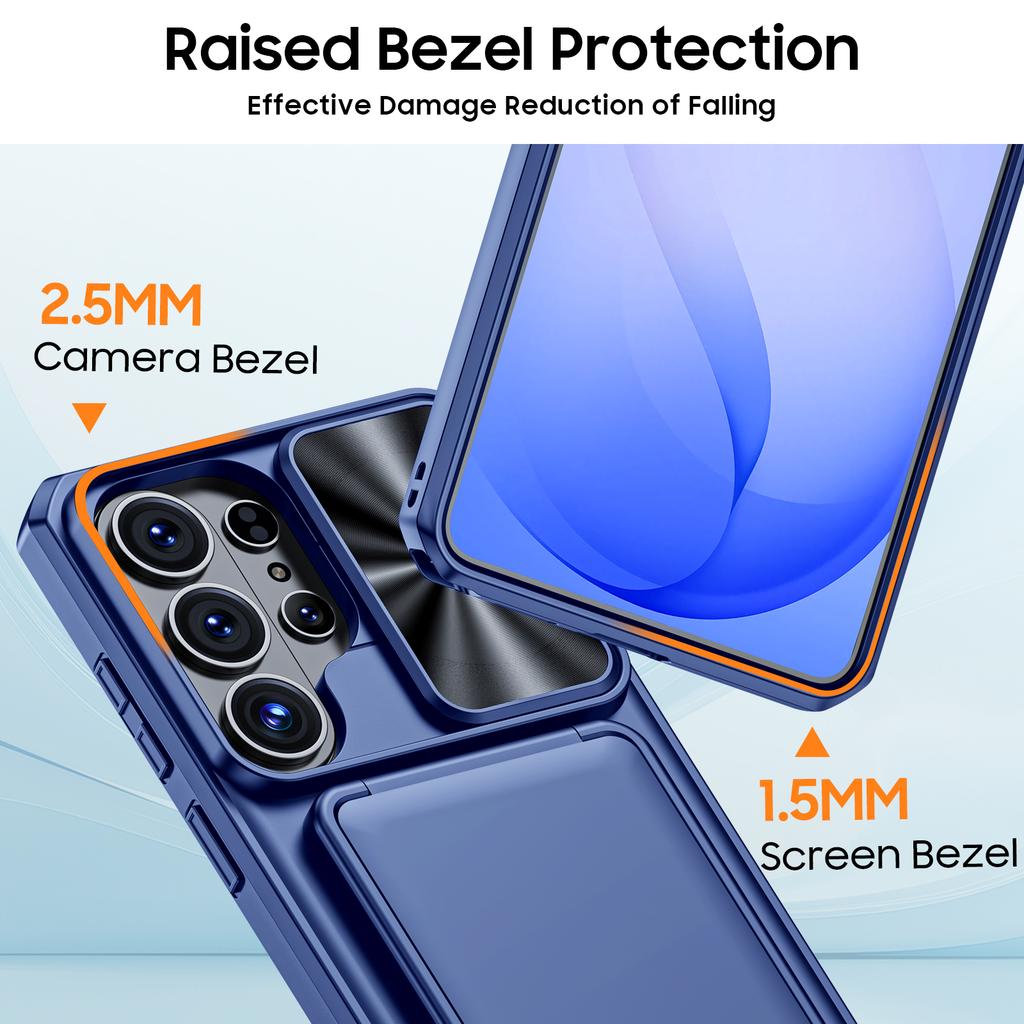 Mit Kartenhalter, Schiebefach für die Kamera und Ständer für Samsung Galaxy S26 Ultra Handyhülle, Anti-Fall PC+TPU Wallet Hülle - Blau