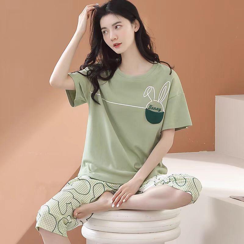 Pajamas Women's Summer, New Spring and Summer Short-sleeved Cute Loose Cropped Pants Loungewear Two-piece Set Summer