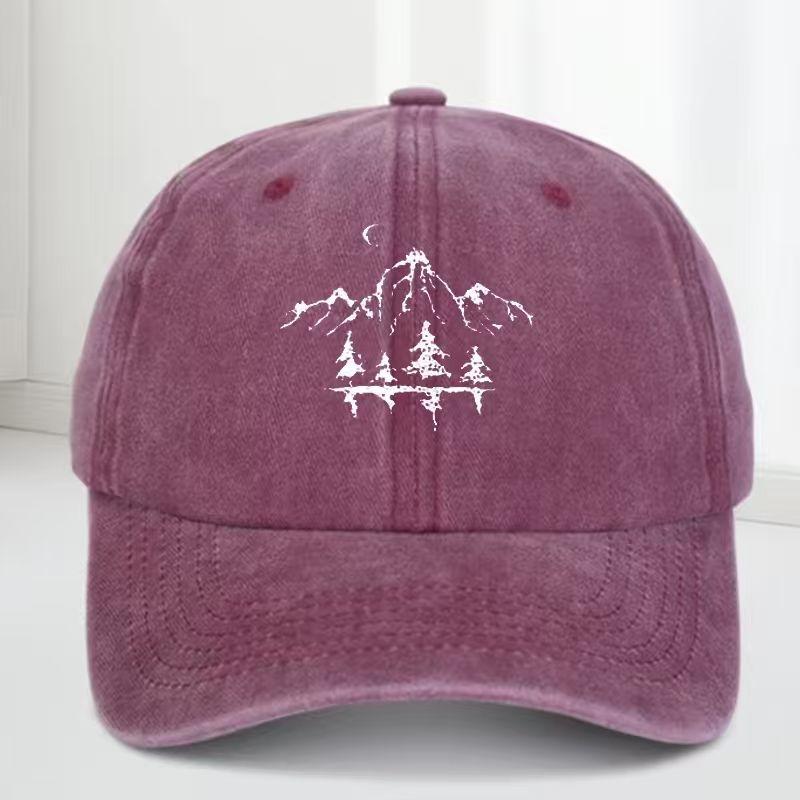 Retro washed baseball cap - Mountain Pine tree embroidery adjustable outdoor hiking hat, classic distressed design