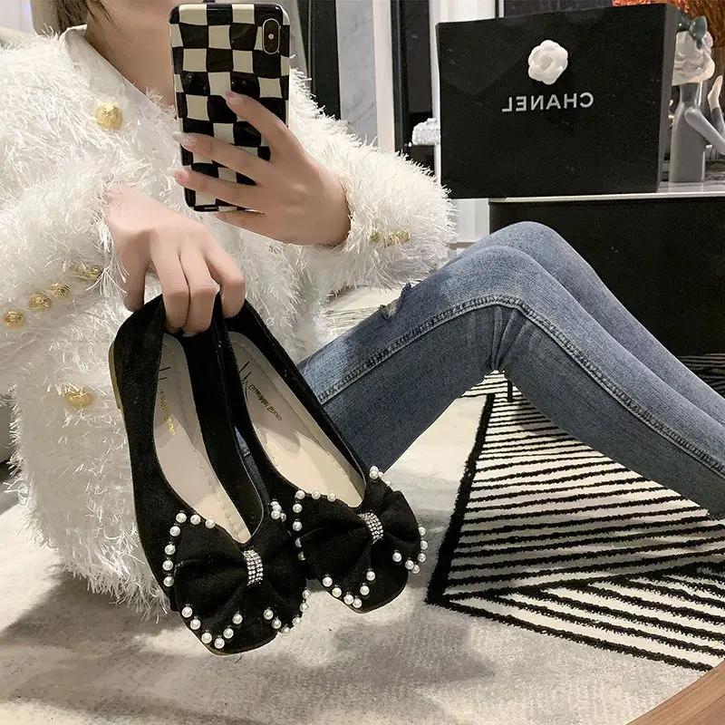 Fashion Square Toe Wear Resistant With Heel Women's Flat Shoes Pearl Anti-slip Casual Shoe Beau Today Spring Discount On Ladies Footwear