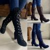 Women's Boots Suede Long Boots 2026 Retro Round Toe Mid-Calf Boots Solid Color Cowboy High Heels Lace Up Thick Heels Women Shoes