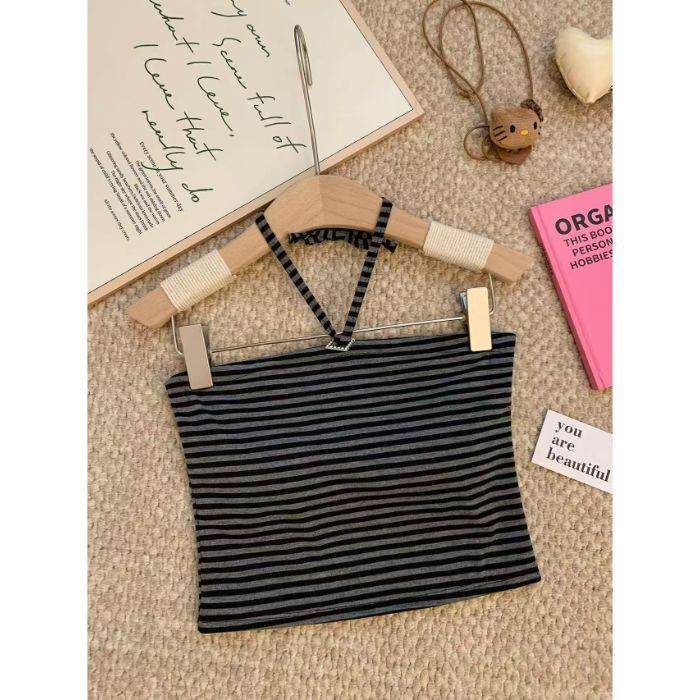 Summer new retro sexy pure desire wind straps neck striped sling vest female slim tube top beauty back top
