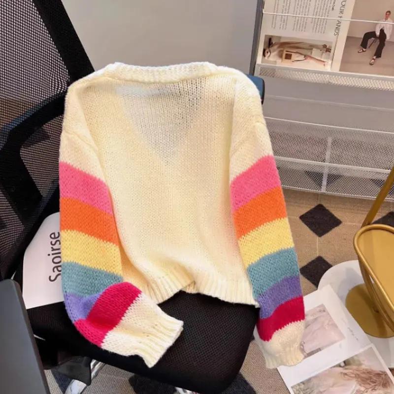 Regenbogen gestreifter Strick-Cardigan für Damen Teenager Gemütlich Weich Mohair Knopfleiste Pullover Jacke Winter Herbst Y2K Outfit