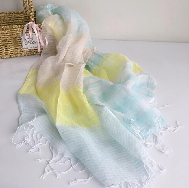Japanese Design Spring And Summer Thin Light Breathable Linen Scarf Elegant Bright Color Striped Scarves 55*180Cm