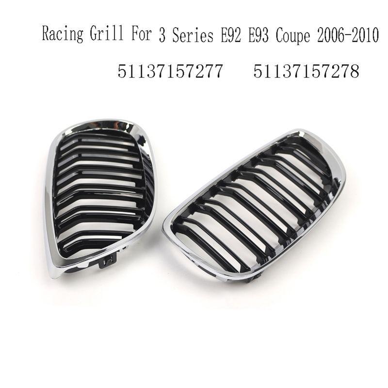 Racing Style Front Kidney Grill Dual Slat Grille For BMW 3 Series E92 E93 Coupe 2006- 2010 Gloss Black+ Chrome 51137157277-A91R