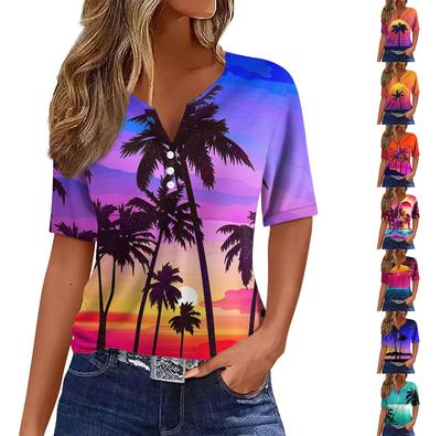 Damen Casual Hawaiianisch Bedrucktes V-Ausschnitt Kurzarm Zierknopf T-Shirt Top