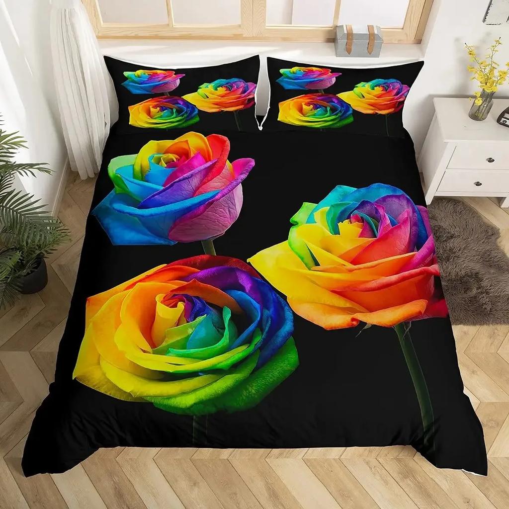 Girls Rainbow Rose Duvet Cover Set Colorful Rose Floral Bright Flowers Petal Comforter Cover Garden Fresh Bedding Sets Full Size