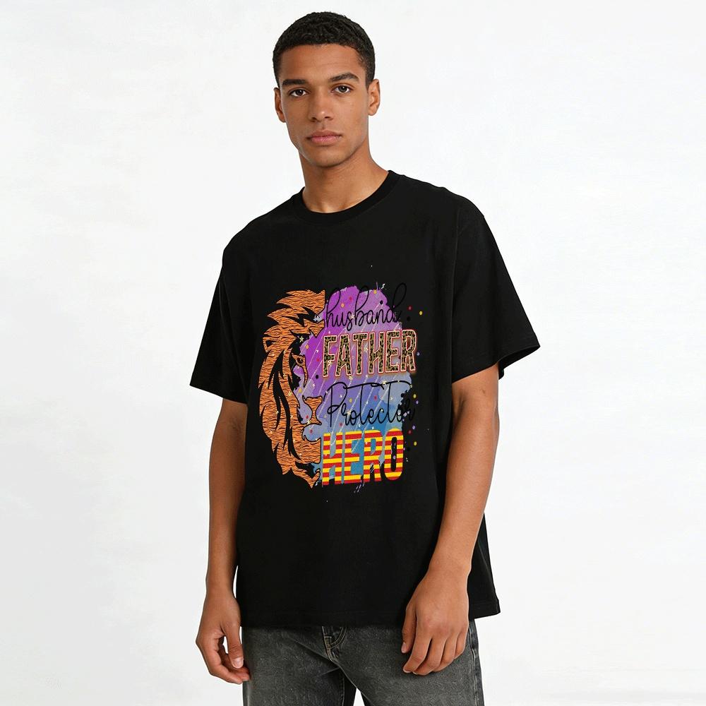 Husband Father Protector Hero Lion Print Men's Graphic Tee Pure cotton T-shirt