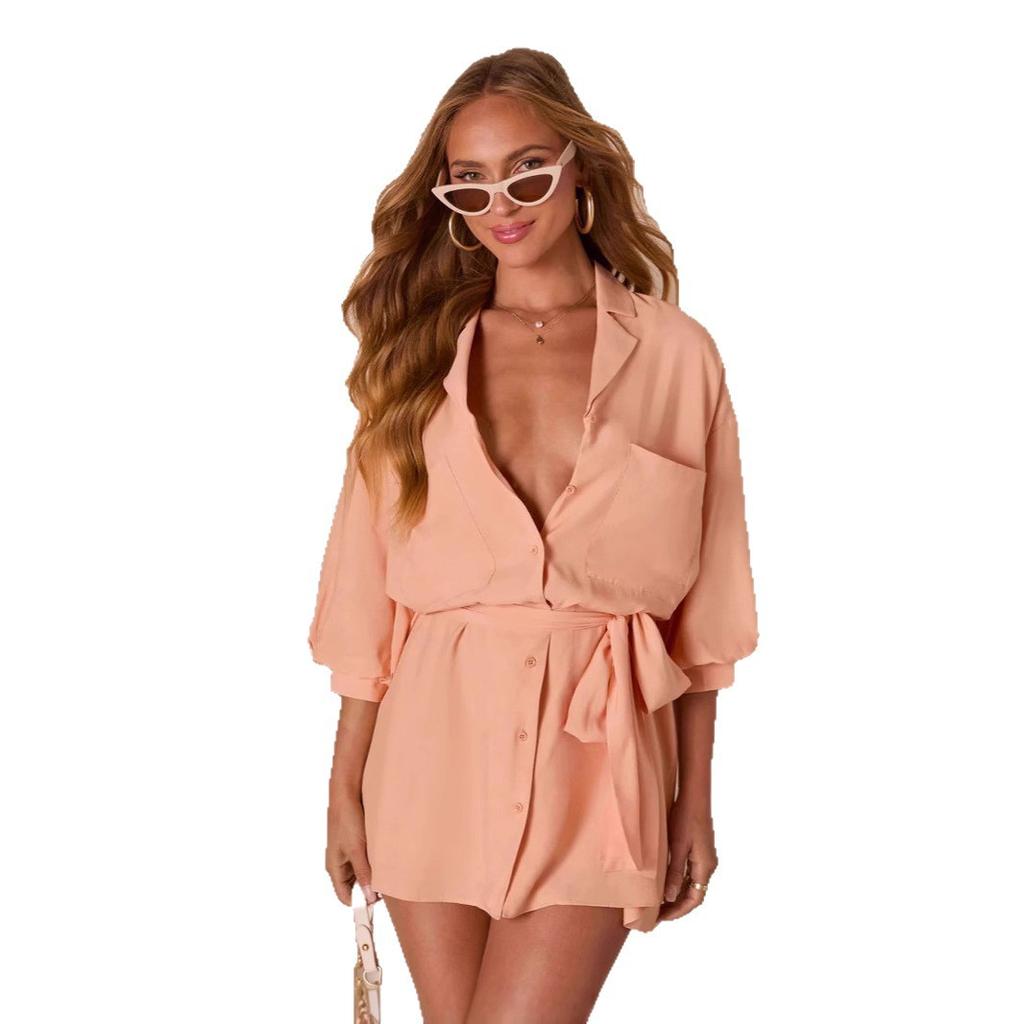 Amazon Europe and the United States autumn new fashion long-sleeved solid color strap temperament shirt dress