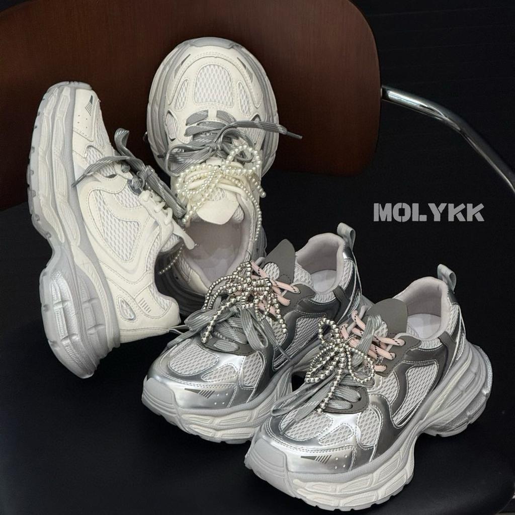 Pearl butterfly dad shoes women's ins tide 2025 early spring new retro platform niche muffin casual sports shoes