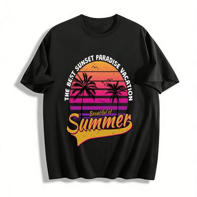 Vintage Sunset Coconut Tree Beautiful Summer Vacation Graphic Tee Pure Cotton T-shirt