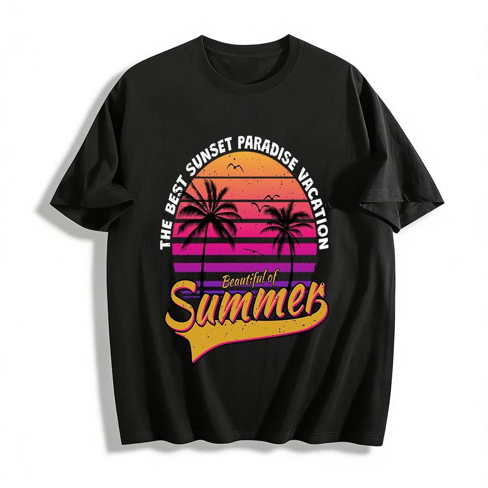 Vintage Sunset Coconut Tree Beautiful Summer Vacation Graphic Tee Pure cotton T-shirt XXS