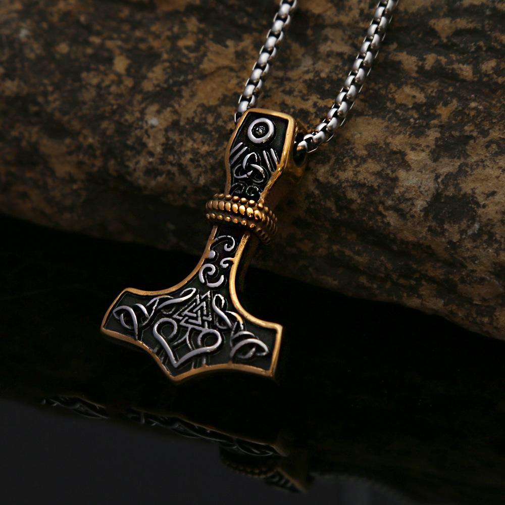 Viking Raytheon Hammer Triangle Rune Titanium Steel Pendant Retro Simple Men's Stainless Steel Necklace