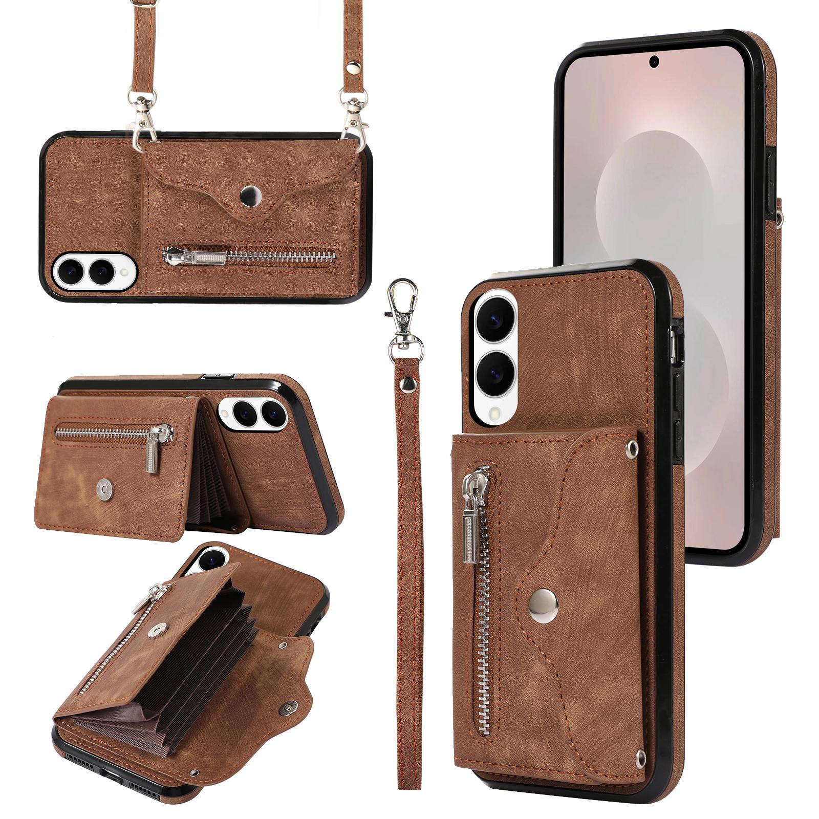 

For Samsung Galaxy S25 Edge Case PU Leather+TPU RFID Blocking Card Slots Phone Cover with 2 Straps Brown