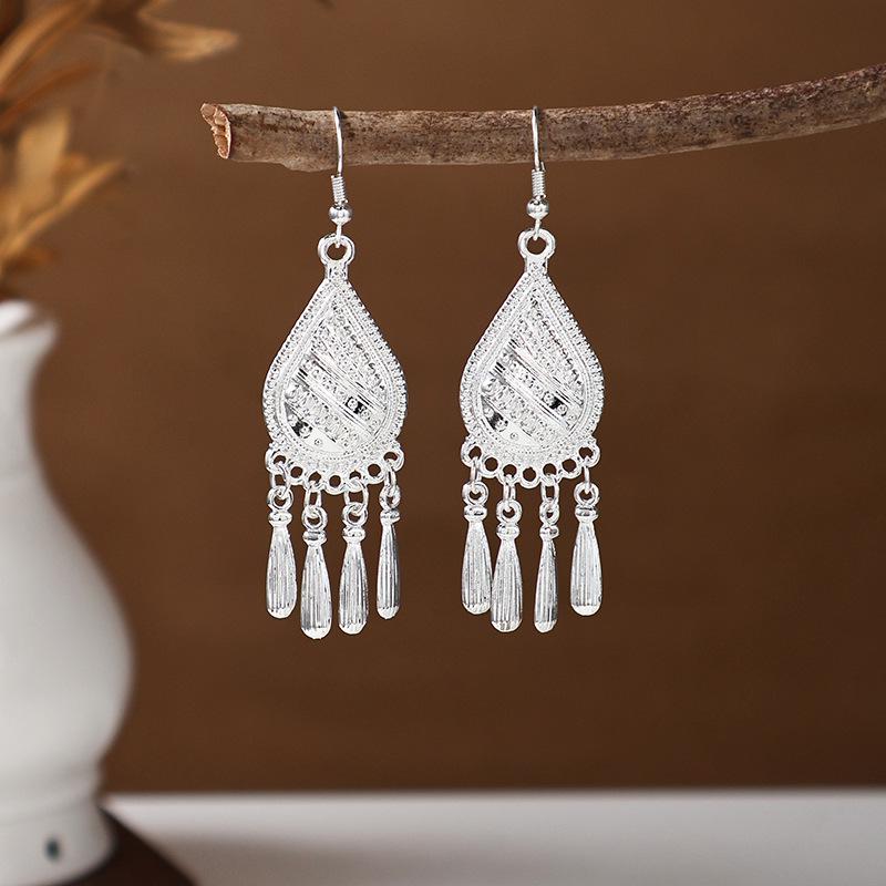 Ethnic Miao Silver Tassel Earrings - Retro Long Dangle Scenic Studs for Women