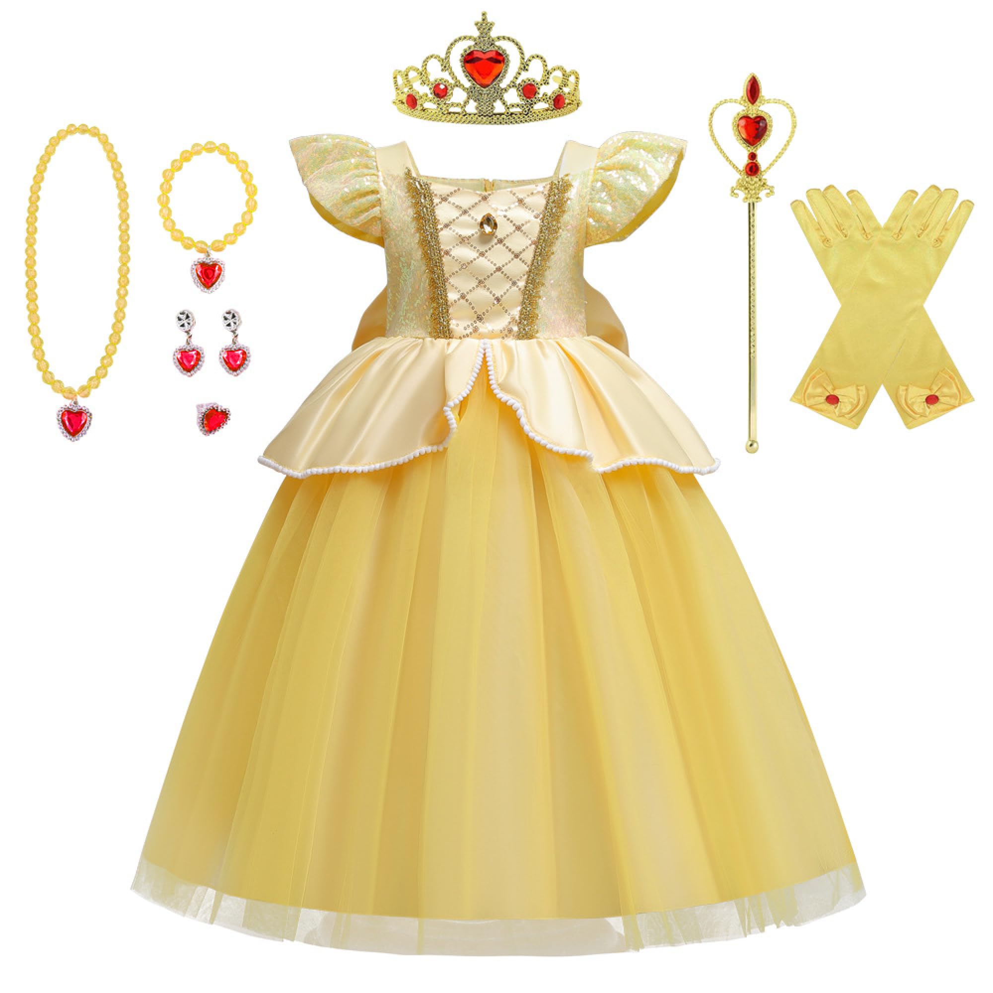 

Princess Belle Dress Kids Role Play Clothes Birthday Playgroup School Festival Recital Party Event Performance Costume Deluxe 8 Piece Set [ChicFlow]