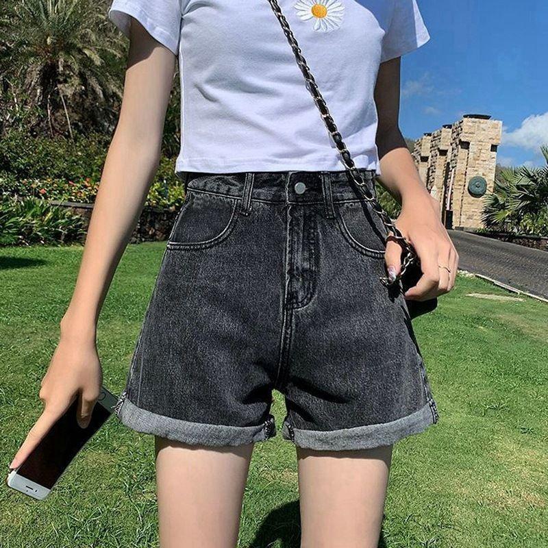 

Женские джинсовые шорты А-силуэта в корейском стиле: Весна и Лето, Свободный Крой, Стройнящие, Подвернутый Край, Суперкороткие Горячие Шорты 2XL темно-серого
