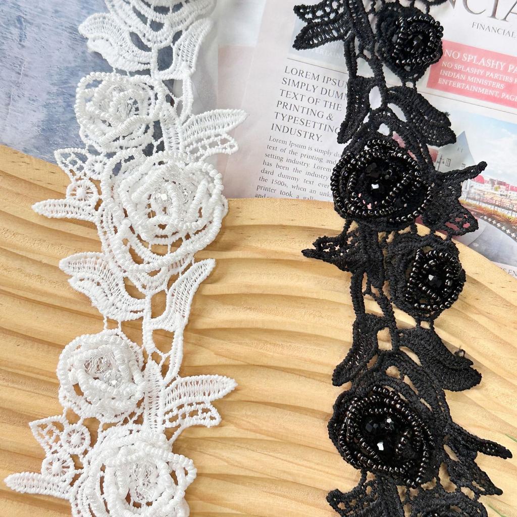 Black And White Handmade Beads Three-Dimensional Flower Embroidery Barcode Clothing Skirt Shirt Decoration Diy Jewelry Lace