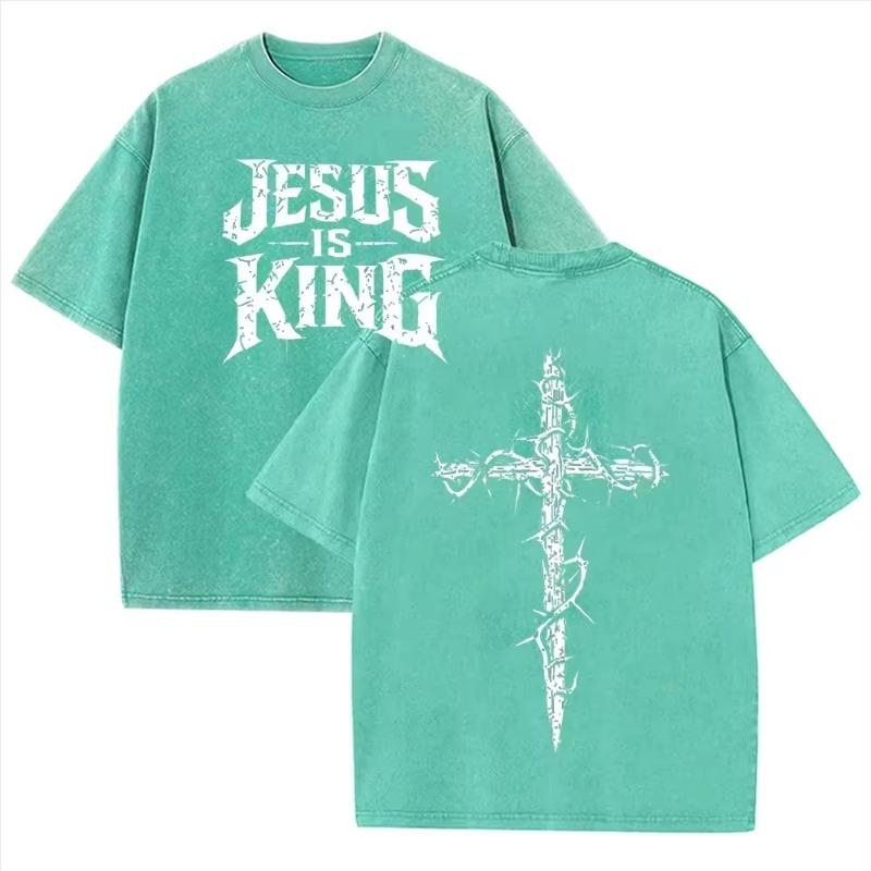 Asian Size Jesus Is King Cross Graphic Washed T Shirt Vintage Distressed Oversized Short Sleeve Streetwear Tee
