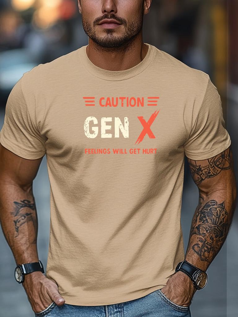Unisex Navy Crew Neck Tee Caution Gen X Feelings Will Get Hurt Distressed Retro Red White Text Warning Slogan Graphic Soft Short