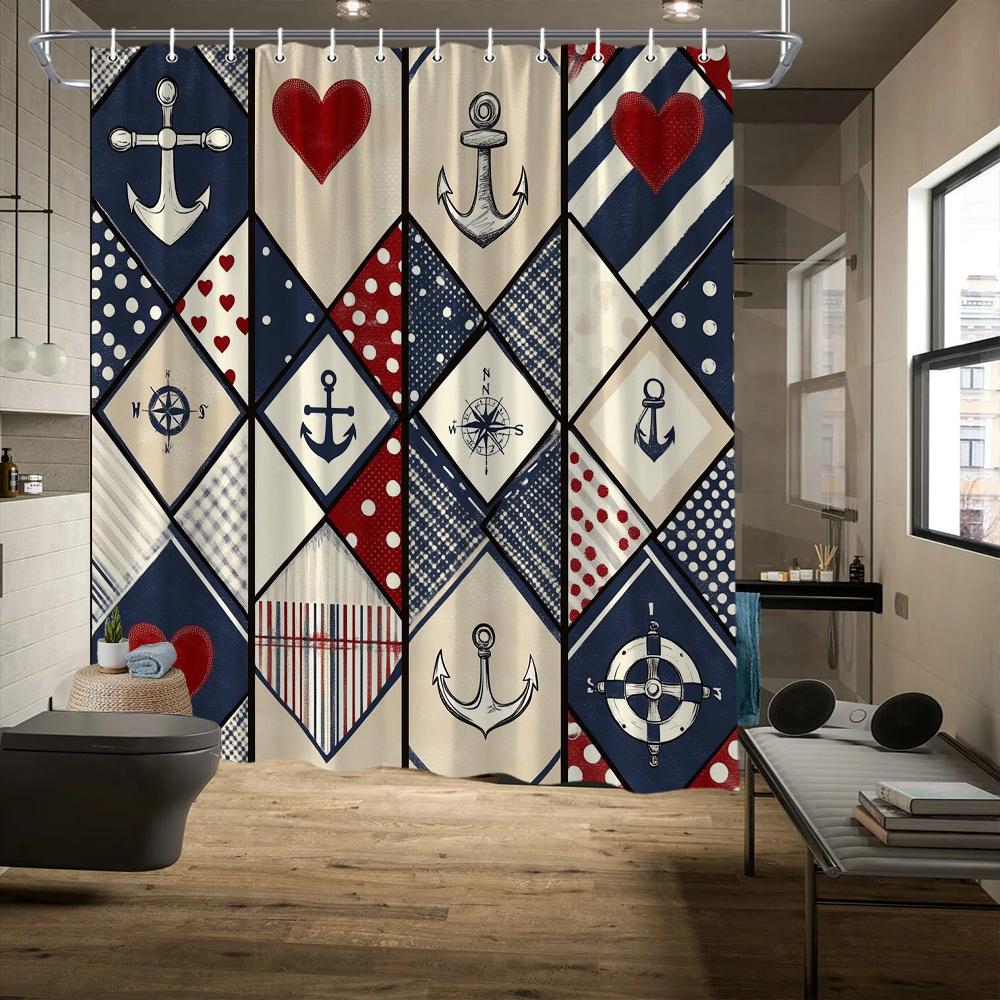 Vintage Nautical Shower Curtain, Maritime Symbols,Fade-Resistant, Machine Washable, Bathroom Decor