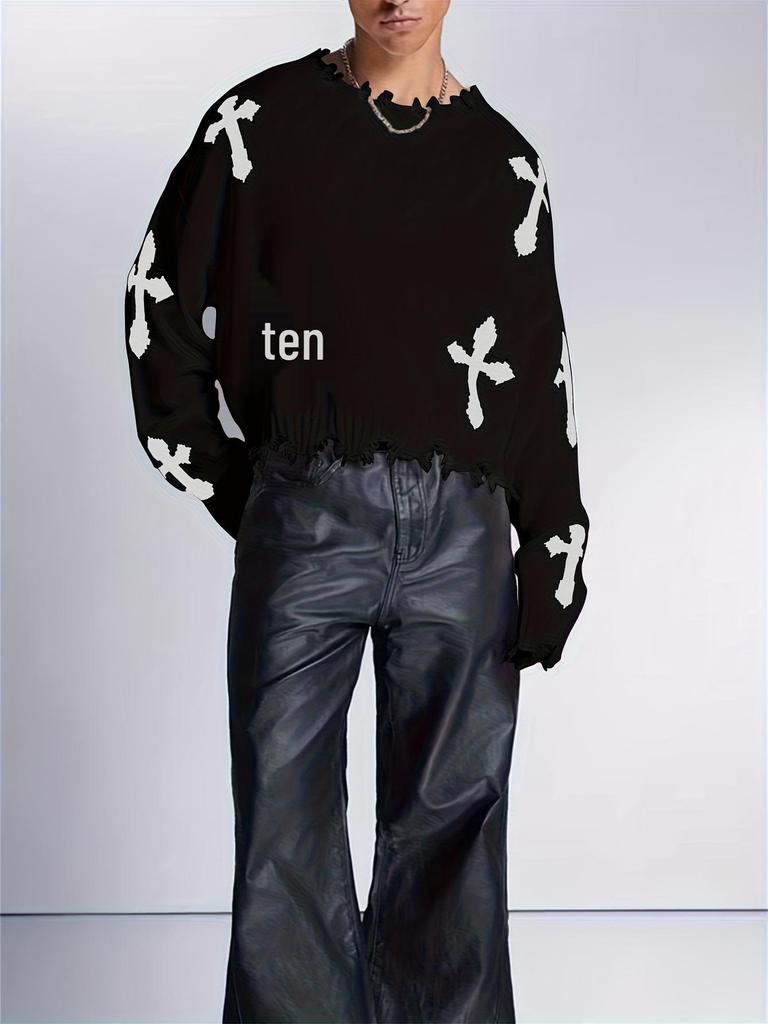 Trendig herrtröja i jacquardstickning med slitna kanter