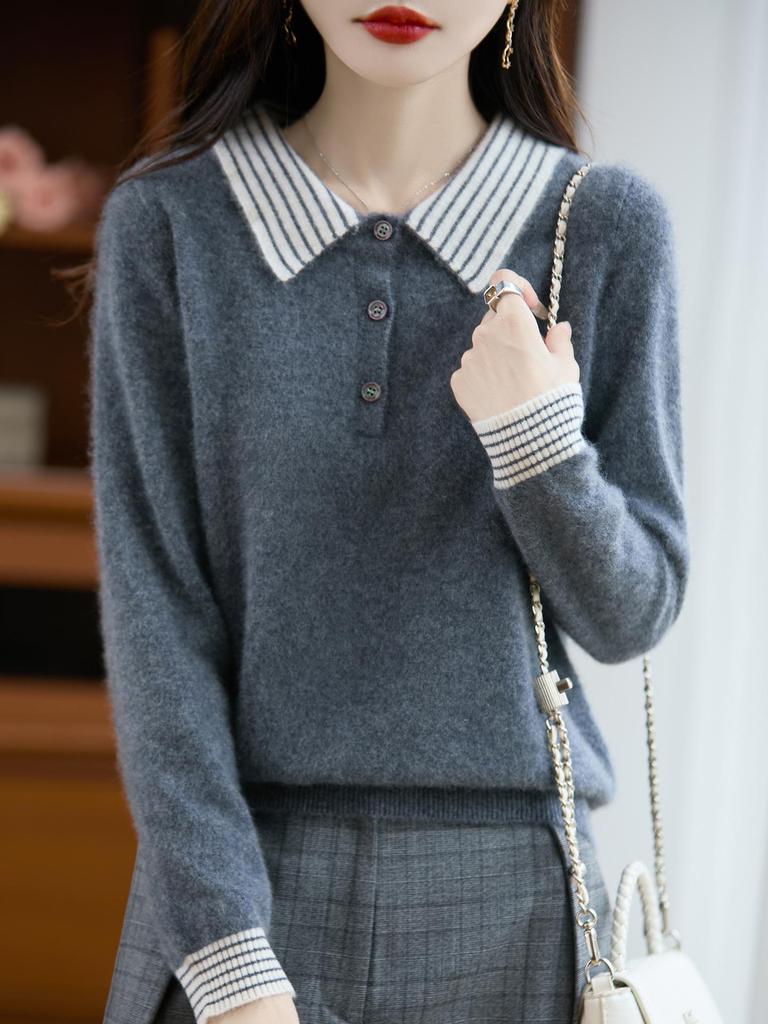 Women's 100% Wool Colorblock Polo Collar Sweater - Long Sleeve Knitted Pullover for Autumn/Winter