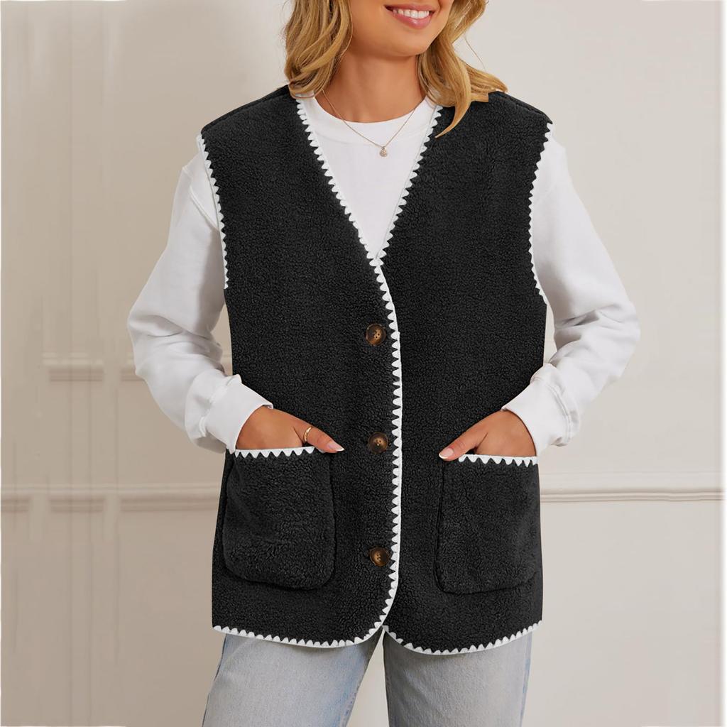 Women's V Neck Sleeveless Vest Loose Fit Casual Sherpa Waistcoat Single Button Fleece Gilet Winter Warm Layering Outerwear