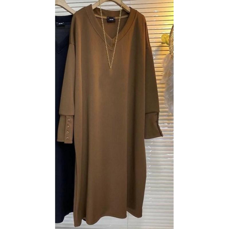 

Женское осенне-зимнее платье-макси с V-образным вырезом, свободного и расслабленного стиля, длинное базовое платье однотонной расцветки, простое повседневное XL кофейный