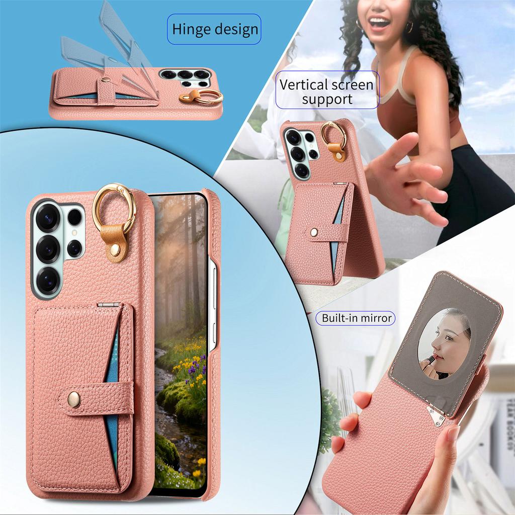 Card Solt Ring  Holder Leather Case For Samsung S26 Ultra S25 S24 Plus S23 S22 A17 A07 with Makeup Mirror Shockproof Stand Cover