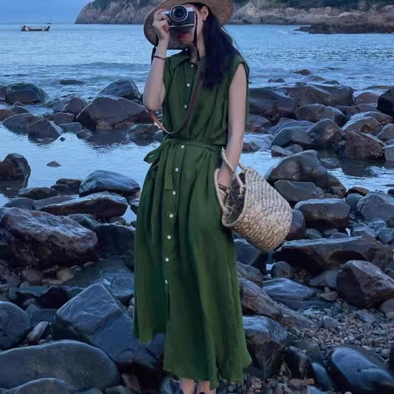French green lapel sleeveless dress women's summer new retro temperament single-breasted long