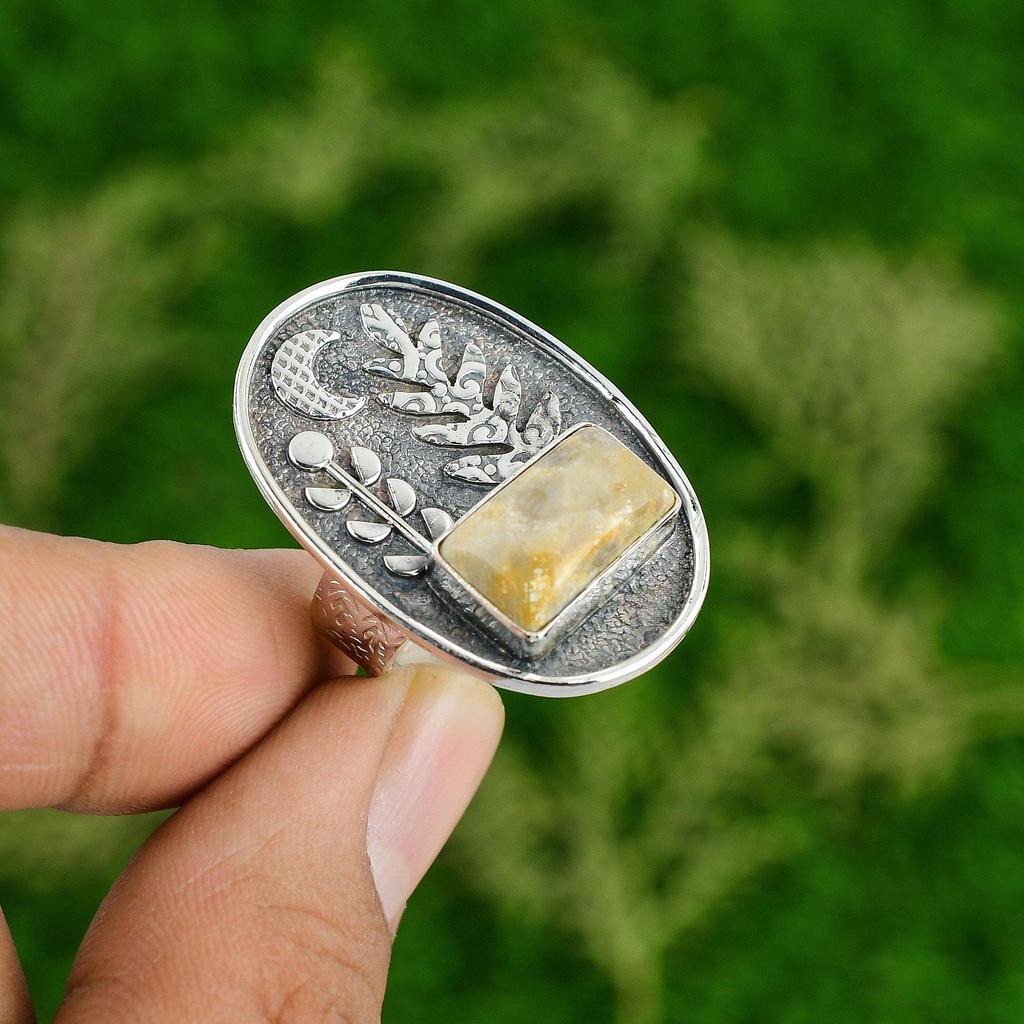 Wedding Gift For Her 925 Silver Natural Fossil Coral Promise Adjustable Ring
