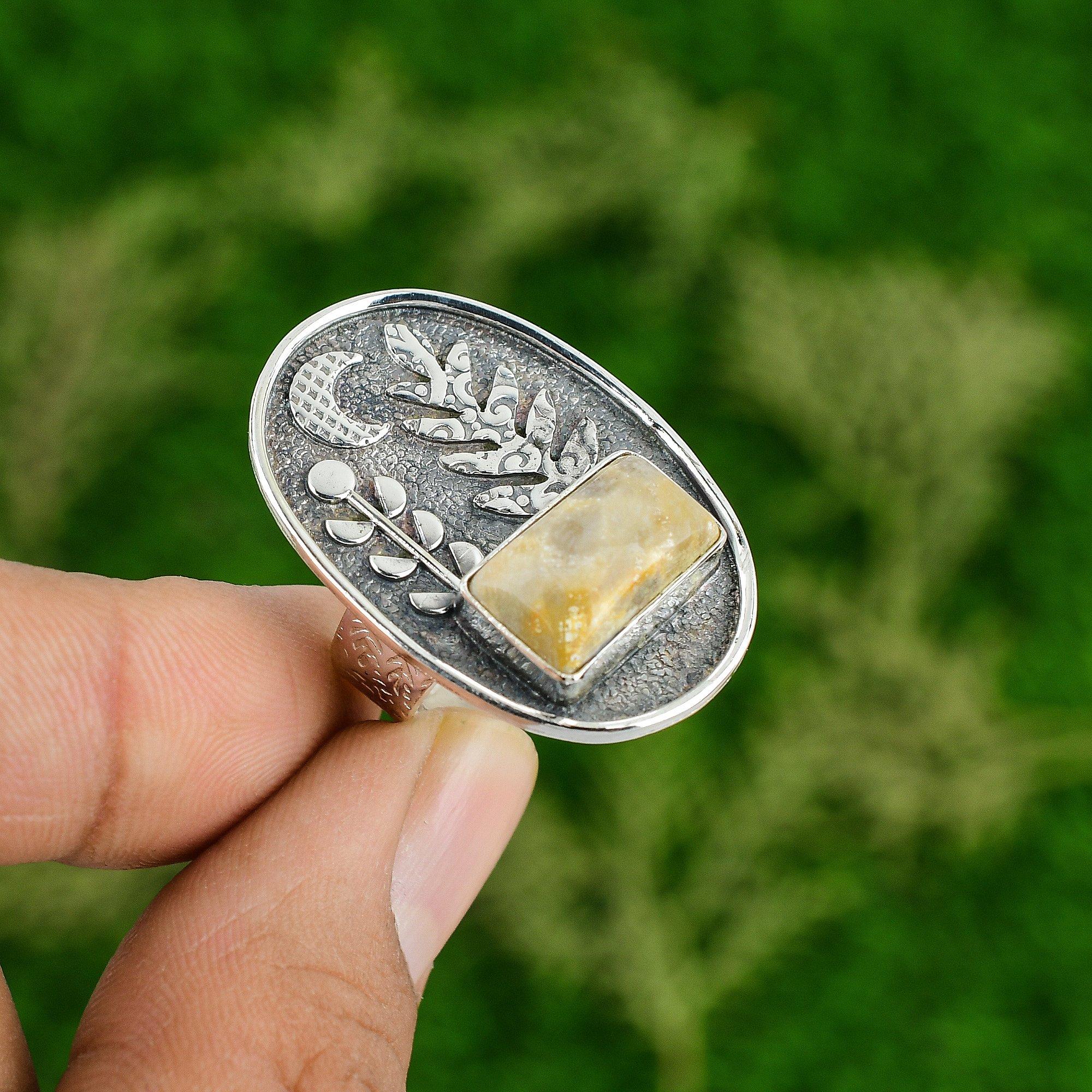 

Свадебный подарок для нее 925 пробы серебро натуральный ископаемый коралл обещание регулируемое кольцо Adjustable