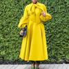 Women's Bow Neck Bubble Long Sleeve Midi A Line Dress High Waist Solid Elegant Wedding Guest Dress