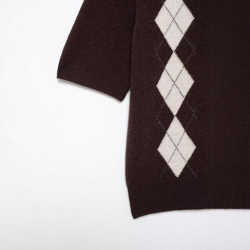 2025 Frühling/Sommer Argyle Preppy POLO Kragen Strick Damen Top