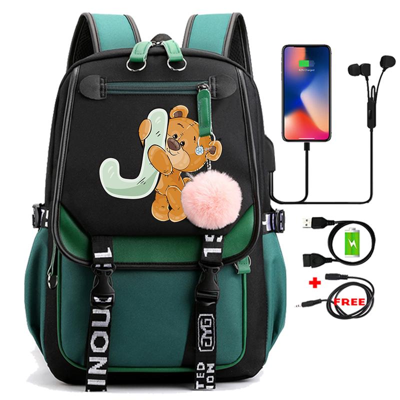 Lovely Little Bear 26 English Letters Student School Bag Backpack Outdoor Teenage Girl Cartoon Bookbag Laptop Travel Rucksack