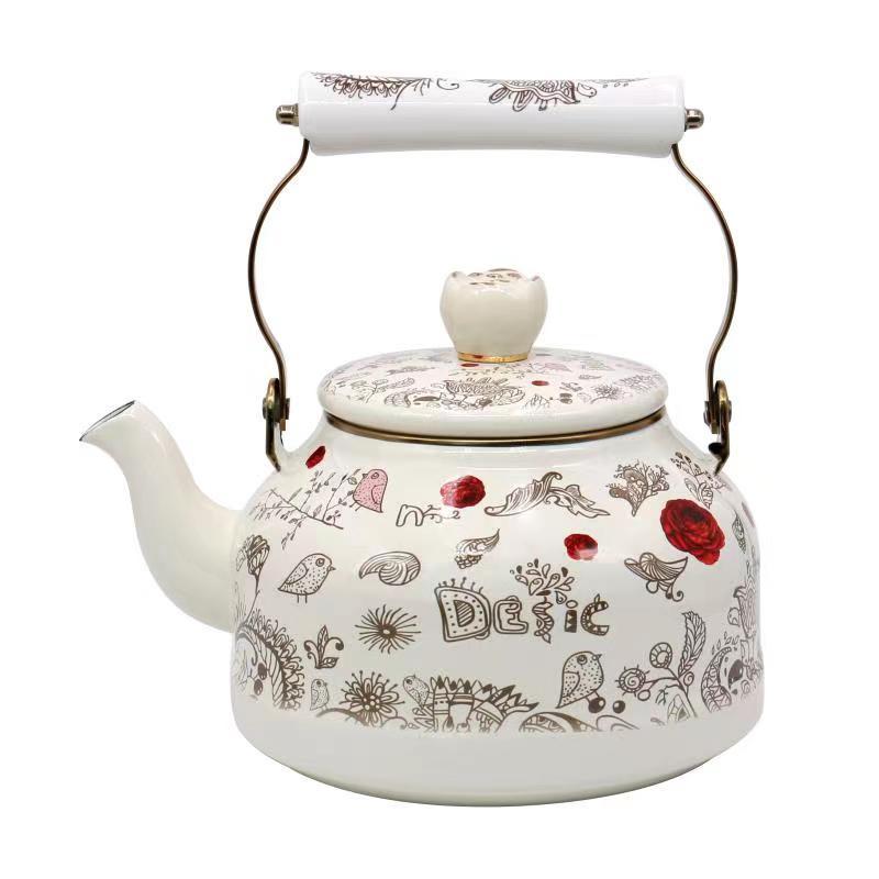2.5 Quart Vintage Enamel Tea Kettle Green Floral Enamel on Steel Teapot with Handle for Stovetop Home Afternoon Tea Set Kettle
