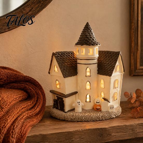 Spooky Tabletop Decoration Vintage Light-Up Cottage Halloween Decoration, Gothic Ghost Pumpkin Village House Decorative Mantelpiece Items Figurine,