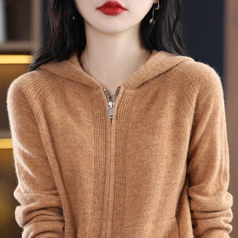 Spring New Thickened Hooded Long-sleeved Zipper Knitted Cardigan Women's Loose Solid Color Hooded Jacket Top Women's